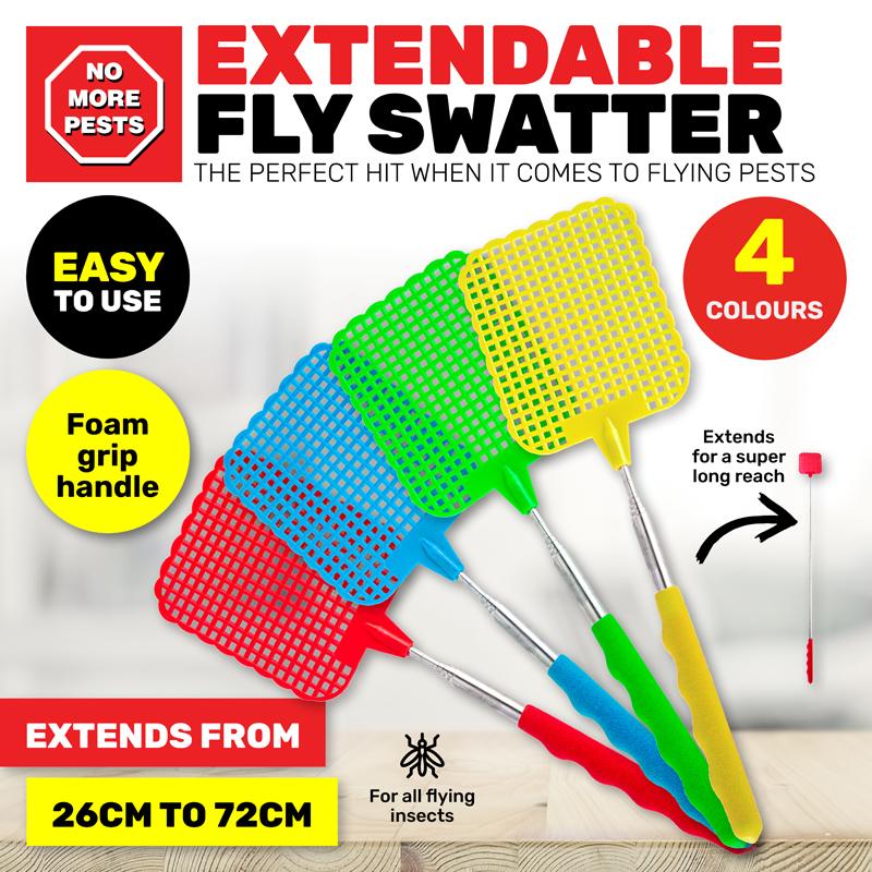 Fly Swatter Extendable From: 26cm-72cm Green, Red, Blue & Yellow