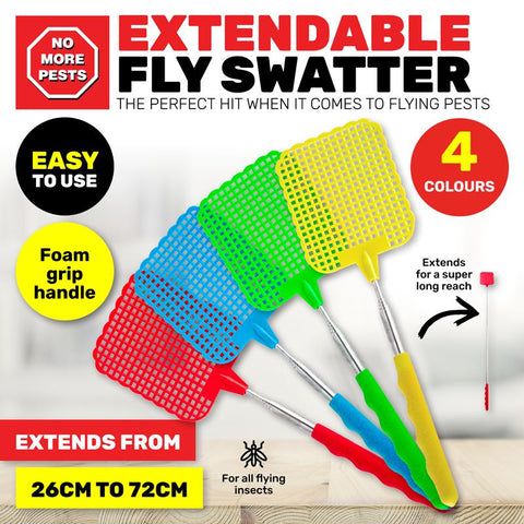 Fly Swatter Extendable From: 26cm-72cm Green, Red, Blue & Yellow