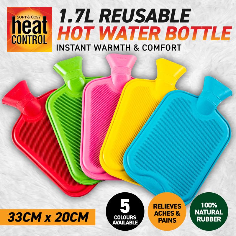 Hot Water Bottle 1.7L 32cm x 20cm Blue, Red, Yellow, Green & Pink