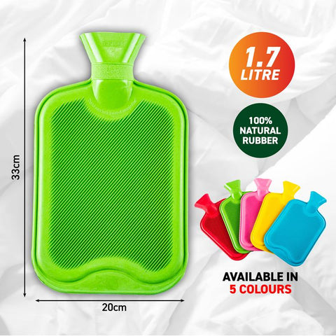 Hot Water Bottle 1.7L 32cm x 20cm Blue, Red, Yellow, Green & Pink