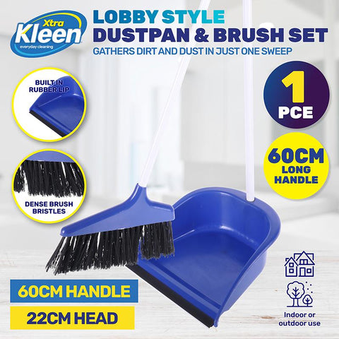 Dustpan With Rubber Lip & Brush Set - Lobby Style - 2pc - Dustpan (26cm x 25cm) - Handle (60cm)