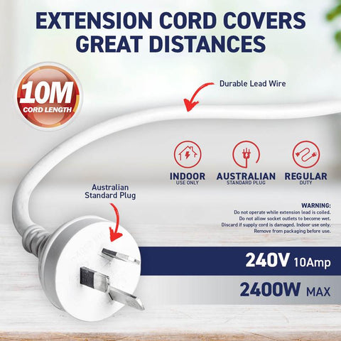 Extension Lead 3/5/10 Meter White 240V 10A Max Load 2400W