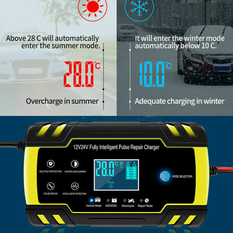 Car Battery Charger 12V/24V LCD Smart Battery Repair Boat Caravan Truck