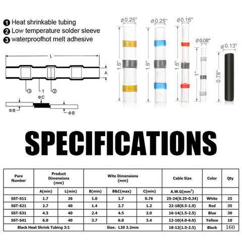 260X Waterproof Solder Seal Sleeve Heat Shrink Butt Wire Connector Terminal Tube