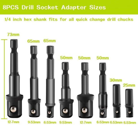 12Pcs Socket Adapte Bits Set Hex Drill Nut Driver Power Shank 1/4" 3/8" 1/2" Connecting Rod Head Extension Drill Bits Bar Wrench