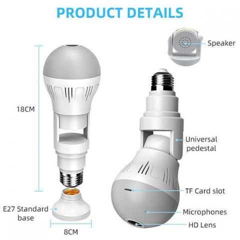 360Â° Fisheye Hidden V380 WiFi IP Camera 24 Hours Monitoring 1080P HD Night Vision Alarm Home Security Surveillance Camera LED Bulb, Support 128G SD Card