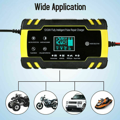 Car Battery Charger 12V/24V LCD Smart Battery Repair Boat Caravan Truck