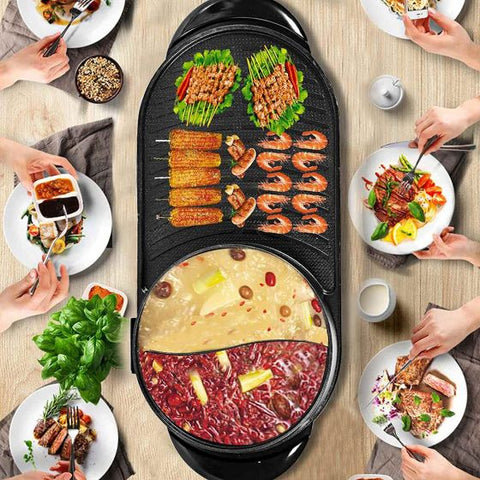 2-in-1 Electric BBQ Grill Non-Stick Teppanyaki Hot Plate Pan Steamboat Hotpot