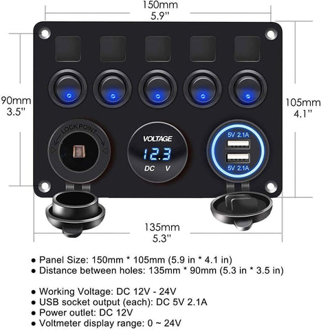 5 Gang 12V Switch Rocker Panel