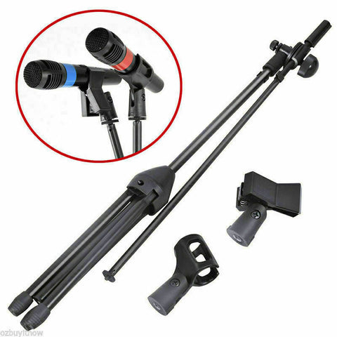 Adjustable Foldable Microphone Stand Mic Holder Tripod Two Clip Boom