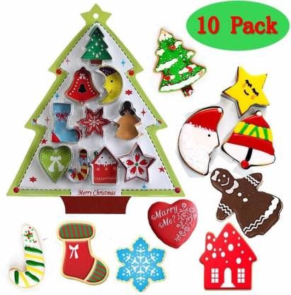 10pcs Stainless Steel Christmas Cookie Cutters Shapes, Christmas Biscuit Pastry Baking Cutters Snowflake Christmas Tree Bell Moon Star Socks for Fondant Cookie DIY Baking