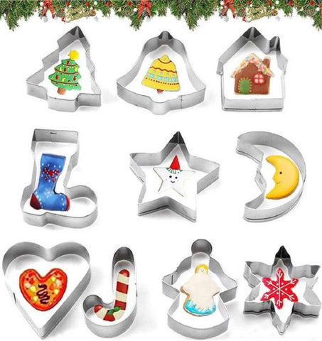 10pcs Stainless Steel Christmas Cookie Cutters Shapes, Christmas Biscuit Pastry Baking Cutters Snowflake Christmas Tree Bell Moon Star Socks for Fondant Cookie DIY Baking