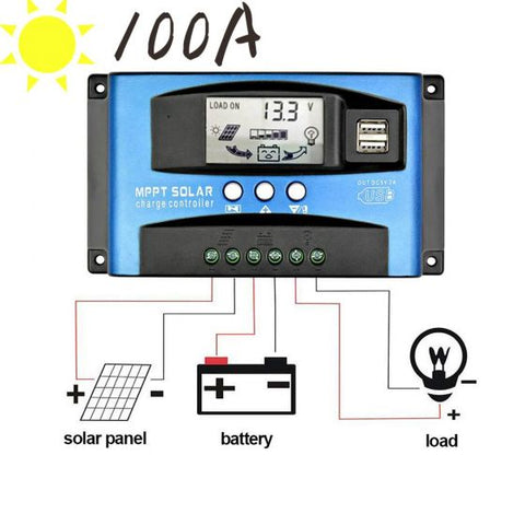 100A Solar Charge Controller Dual USB LCD Display 12V 24V Auto Solar Cell Panel Charger Regulator with Load