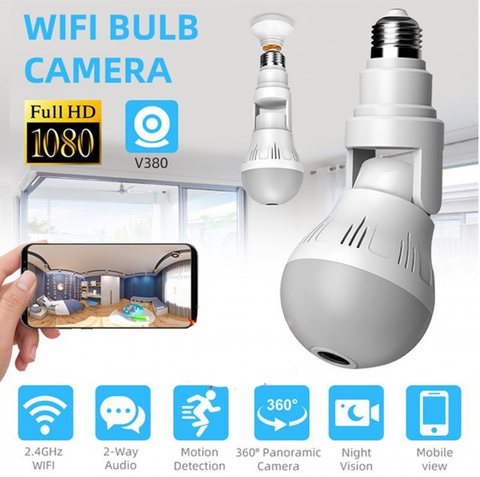 360Â° Fisheye Hidden V380 WiFi IP Camera 24 Hours Monitoring 1080P HD Night Vision Alarm Home Security Surveillance Camera LED Bulb, Support 128G SD Card