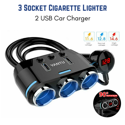 3 Way Dual USB LCD Car Charger Lighter Double Power Adapter Socket Splitter