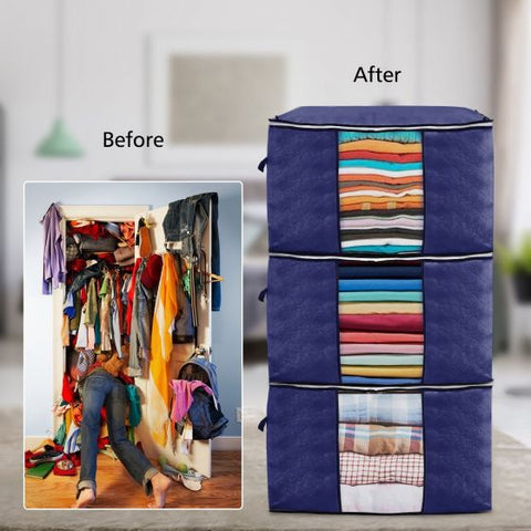 3Pcs 90L Large Capacity Clothes Storage Bags, Foldable Storage Bag Space Saver with Clear Window & Carry Handles