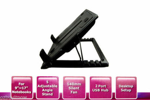 9"-17" Notebook Laptop Cooling Pad Cooler Fan Stand Adjustable w/ USB Hub Black