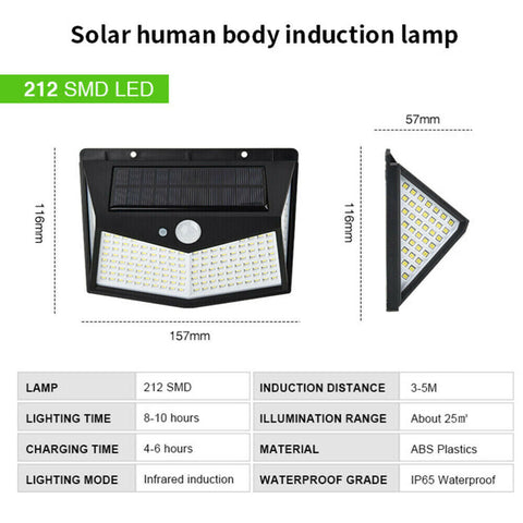 2 Units 212 LED Solar PIR Motion Sensor Light Garden Outdoor Security Wall Lights