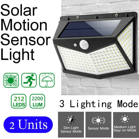 2 Units 212 LED Solar PIR Motion Sensor Light Garden Outdoor Security Wall Lights