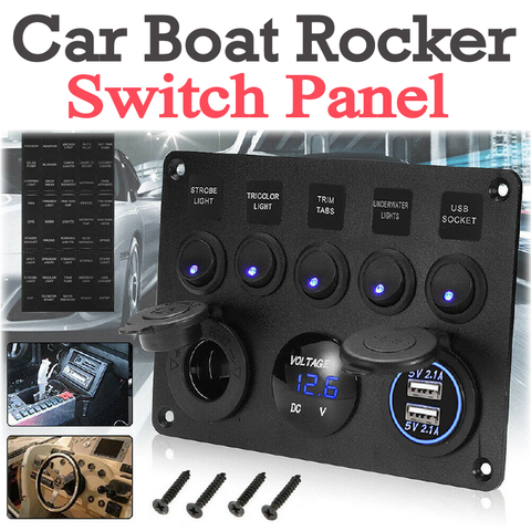 5 Gang 12V Switch Panel Control USB ON-OFF Rocker Toggle For Car Boat Marine