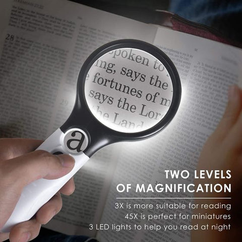 3 LED Light 45X Handheld Magnifier Reading Magnifying Glass Lens for Reading Small Prints, Coins, Map, Jewelry, Hobbies & Crafts