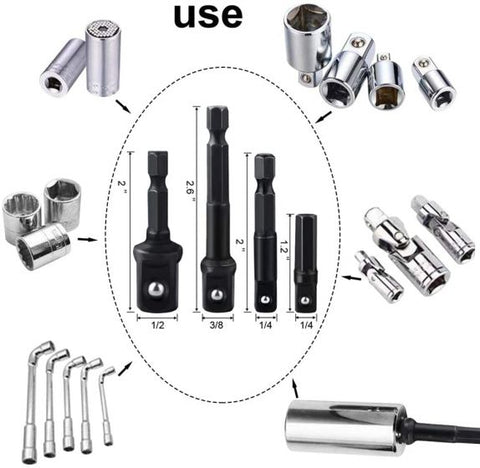 12Pcs Socket Adapte Bits Set Hex Drill Nut Driver Power Shank 1/4" 3/8" 1/2" Connecting Rod Head Extension Drill Bits Bar Wrench