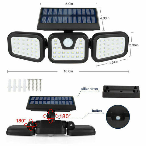 3 Head Solar Motion Sensor Light Outdoor Garden Wall Security Flood Lamp 70LEDs