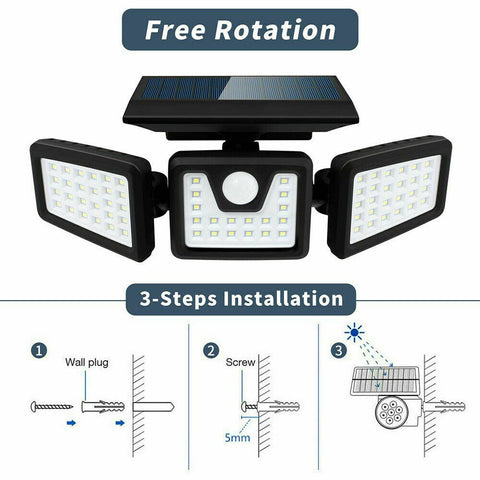 3 Head Solar Motion Sensor Light Outdoor Garden Wall Security Flood Lamp 70LEDs