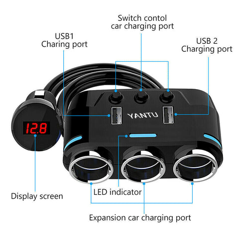 3 Way Dual USB LCD Car Charger Lighter Double Power Adapter Socket Splitter