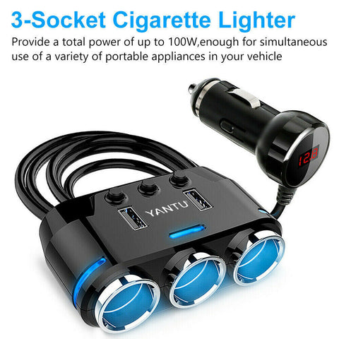 3 Way Dual USB LCD Car Charger Lighter Double Power Adapter Socket Splitter