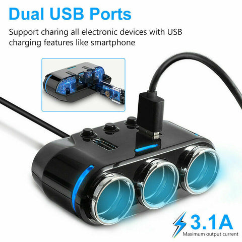 3 Way Dual USB LCD Car Charger Lighter Double Power Adapter Socket Splitter