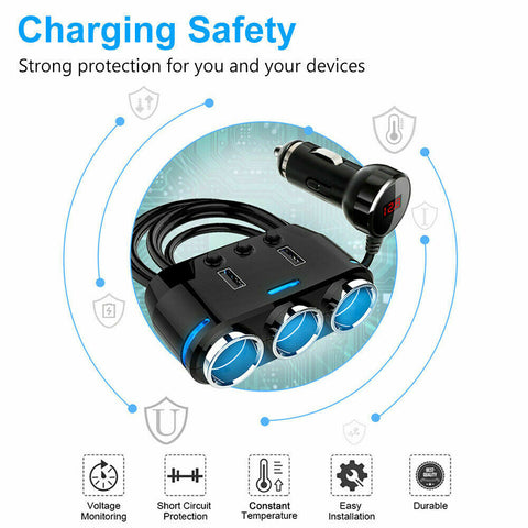 3 Way Dual USB LCD Car Charger Lighter Double Power Adapter Socket Splitter