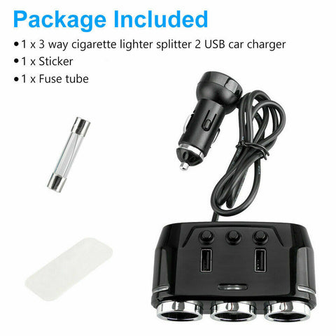 3 Way Dual USB LCD Car Charger Lighter Double Power Adapter Socket Splitter