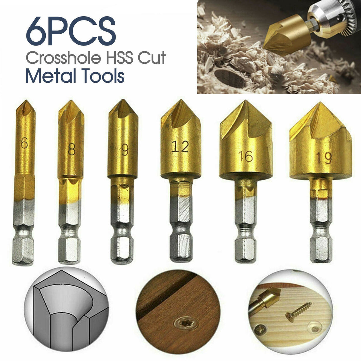 6Pcs Chamfer Countersink Deburring Drill Bit Crosshole Cutting Metal Tools