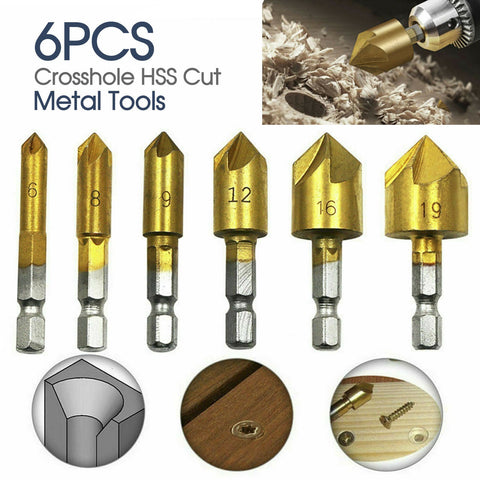 6Pcs Chamfer Countersink Deburring Drill Bit Crosshole Cutting Metal Tools