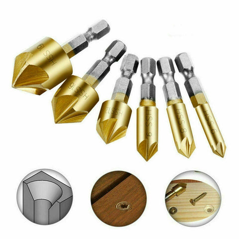 6Pcs Chamfer Countersink Deburring Drill Bit Crosshole Cutting Metal Tools