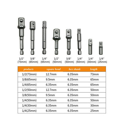 8PCS Drill Socket Adapter Set Impact Nut Driver Hex Extension Bit 1/4" 3/8" 1/2"