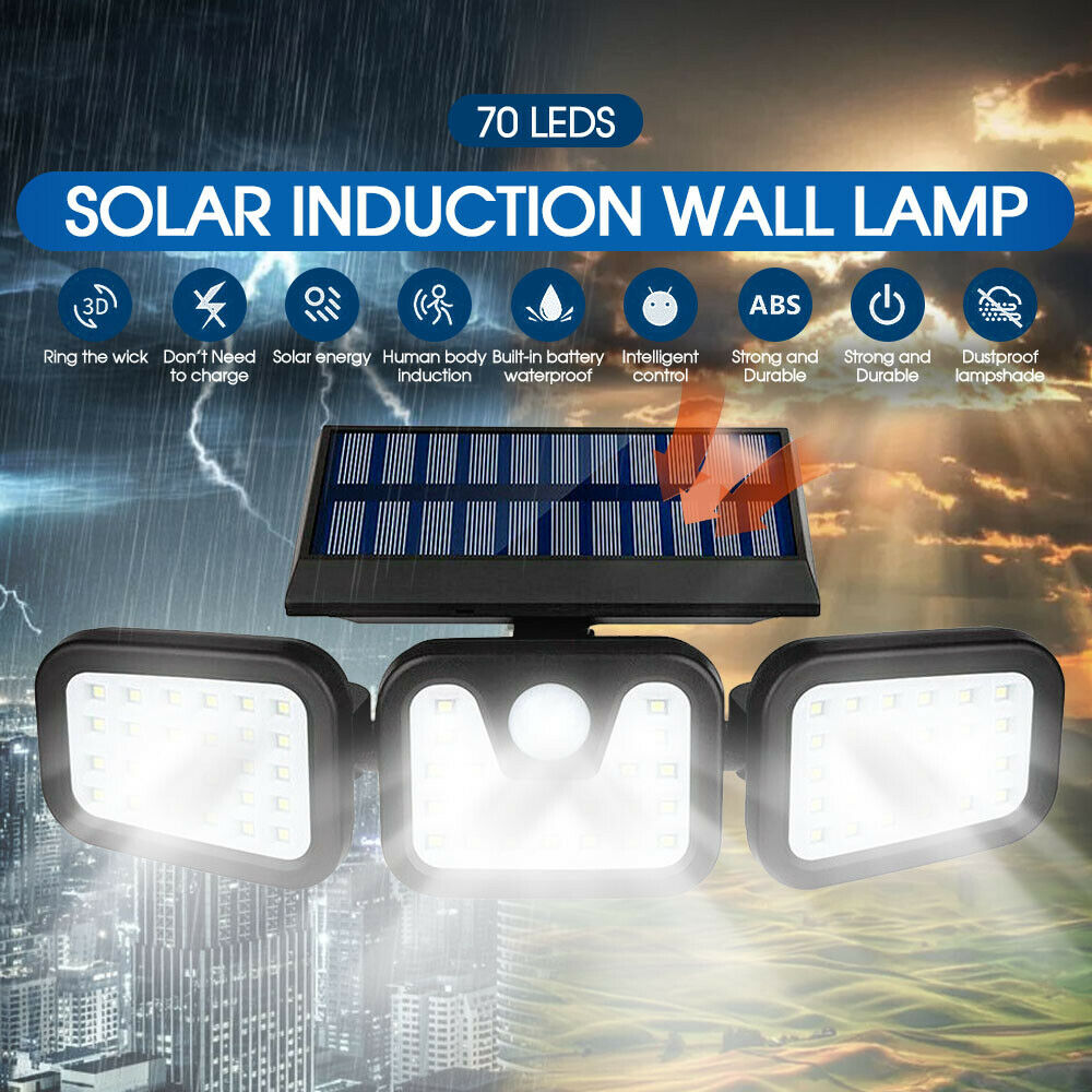 3 Head Solar Motion Sensor Light Outdoor Garden Wall Security Flood Lamp 70LEDs