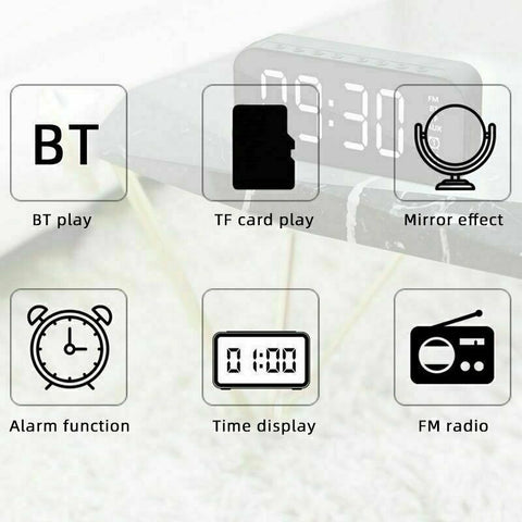 LED Display Mirror Digital Alarm Clock Wireless Bluetooth Speaker Home Decor