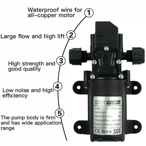 12V Water Pump 6Lpm 70W Self-Priming Caravan Camping Boat 130PSI