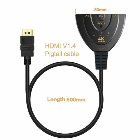 HDMI 4K Switch 3 In 1 out Switcher Selector Splitter Hub for 1080p HDTV