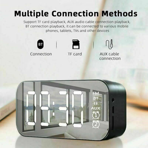 LED Display Mirror Digital Alarm Clock Wireless Bluetooth Speaker Home Decor