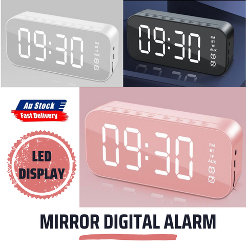 LED Display Mirror Digital Alarm Clock Wireless Bluetooth Speaker Home Decor