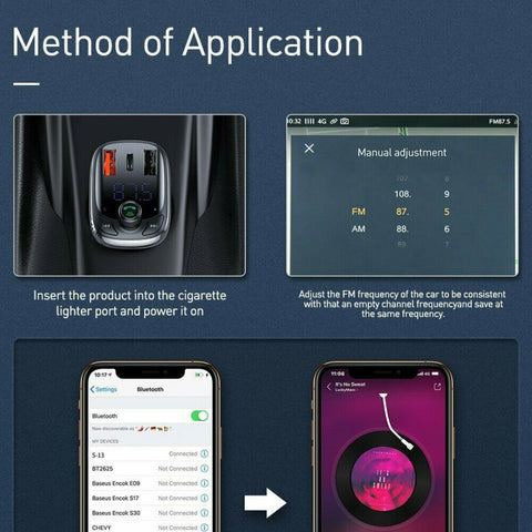 Baseus Bluetooth 5.0 FM Transmitter Car Kit Adapter MP3 Player Dual USB Charger