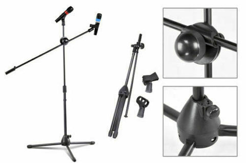 Adjustable Foldable Microphone Stand Mic Holder Tripod Two Clip Boom