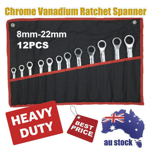 12Pcs 8MM-22MM Ratchet Spanner Set Metric ND-0326 + Rolling Bag Hand Tool Kit AU