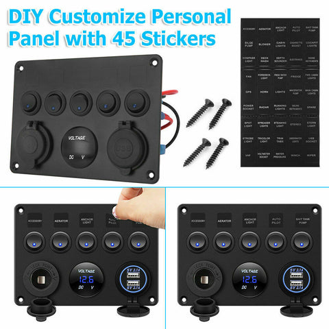 5 Gang 12V Switch Panel Control USB ON-OFF Rocker Toggle For Car Boat Marine