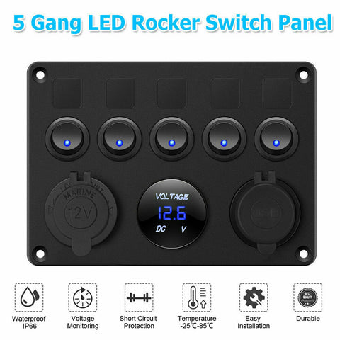 5 Gang 12V Switch Panel Control USB ON-OFF Rocker Toggle For Car Boat Marine