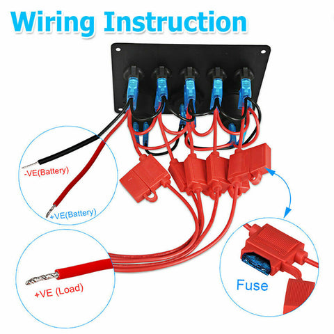 5 Gang 12V Switch Panel Control USB ON-OFF Rocker Toggle For Car Boat Marine