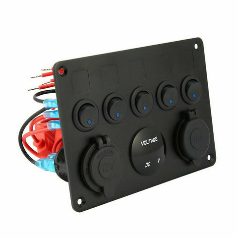 5 Gang 12V Switch Panel Control USB ON-OFF Rocker Toggle For Car Boat Marine